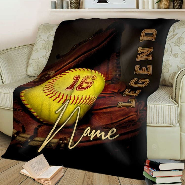 Personalized Baseball Blanket, Old Ball And Glove With Bat Custom Name Baseball Fleece Blanket, Gift for Son, Dad Players BD0027