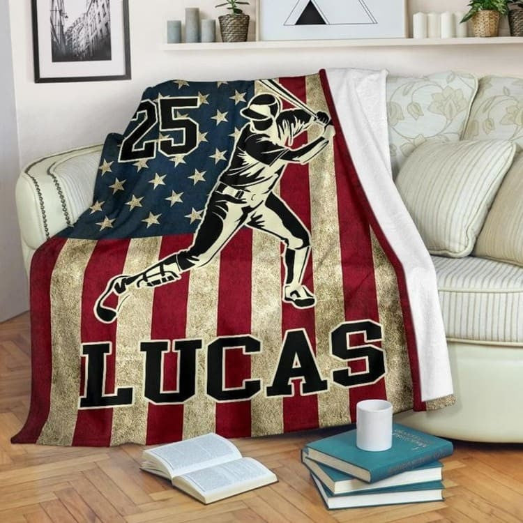 Customized Baseball American Flag Blanket for Men, Funny Baseball Fleece Blanket, Sherpa Blanket for Him BD0029