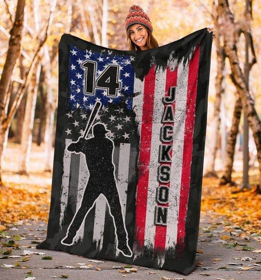 Customized Baseball American Flag Blanket for Men, Funny Baseball Fleece Blanket, Sherpa Blanket for Him BD0029