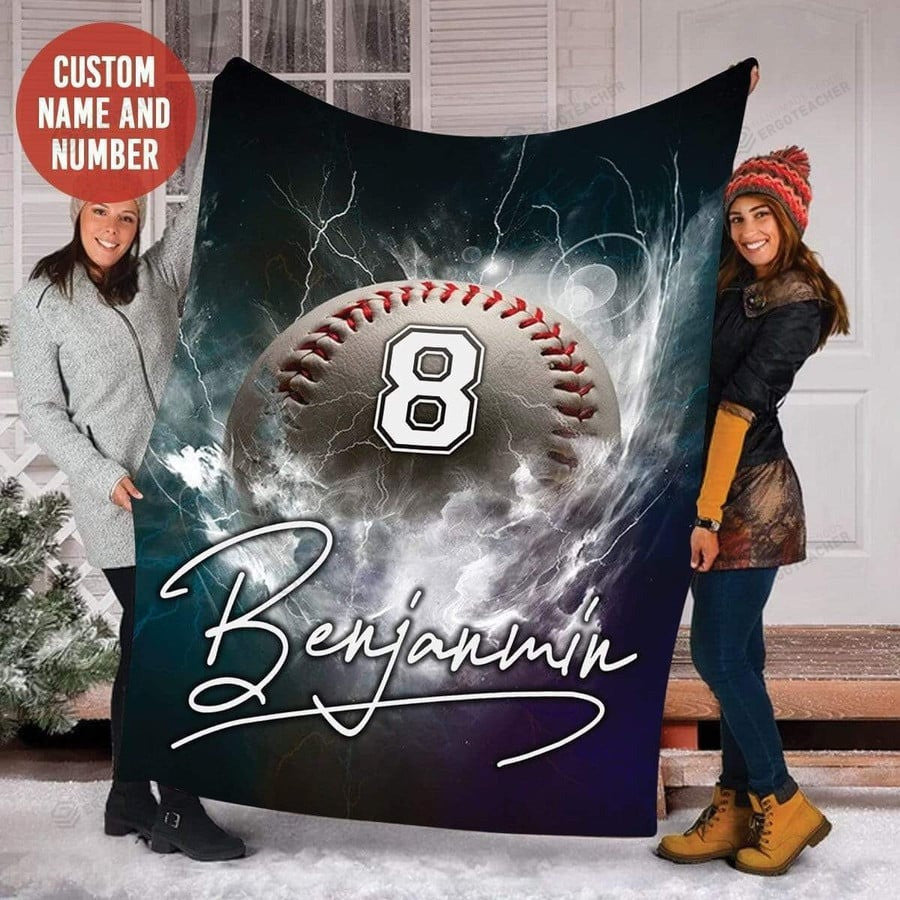 Customized Baseball American Flag Blanket for Men, Funny Baseball Fleece Blanket, Sherpa Blanket for Him BD0029