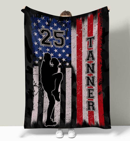 Customized Baseball American Flag Blanket for Men, Funny Baseball Fleece Blanket, Sherpa Blanket for Him BD0029