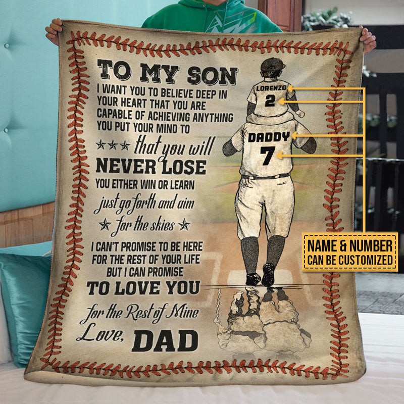 Personalized Baseball Dad And Son Never Lose Customized Fleece Blanket, Gift for Dad and Son Baseball Gift BD0016