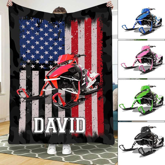 Personalized Snowmobile Blanket American Flag Snowmobile Lovers Fleece Sherpa Blanket for Men, Women BD0051