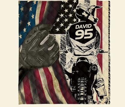 Personalized Dirt Bike Blanket American Flag Motocross Throw Blanket for Biker Lovers, Motocross Lovers BD0054