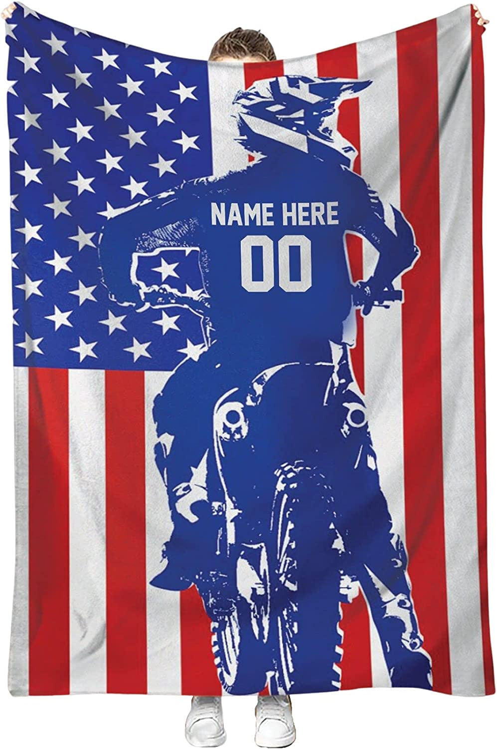 Personalized Dirt Bike Blanket American Flag Motocross Throw Blanket for Biker Lovers, Motocross Lovers BD0054