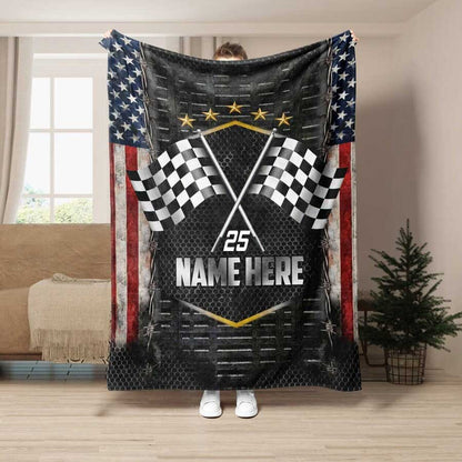 Personalized Racing Blanket, Checkered US Flag Racing Throw Blanket, Gift for Dad, Husband, Boyfriend, Son, Racer BD0056