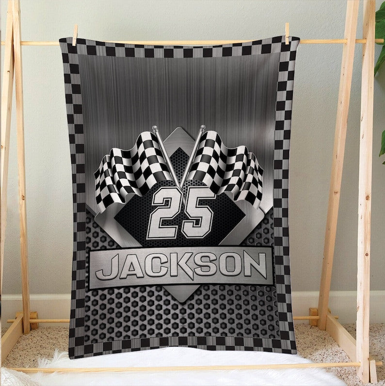 Personalized Racing Blanket, Checkered US Flag Racing Throw Blanket, Gift for Dad, Husband, Boyfriend, Son, Racer BD0056