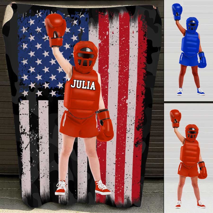 Personalized Girl Boy Boxer American Flag Boxing Blanket for Kid Boxing Lovers Fleece Sherpa Blanket BD0057