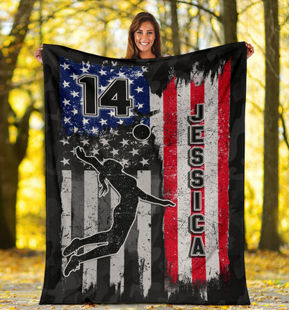 Personalized Volleyball Female American Flag Blanket For Volleyball Player Team Gift, Gift for Mom, Daughter BD0058