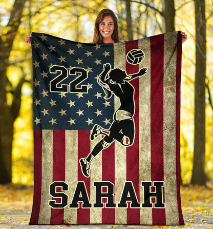 Personalized Volleyball Female American Flag Blanket For Volleyball Player Team Gift, Gift for Mom, Daughter BD0058