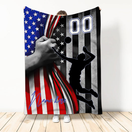 Customized Volleyball Man American Flag Blanket Volleyball Team Gift for Son, Husband BD0064