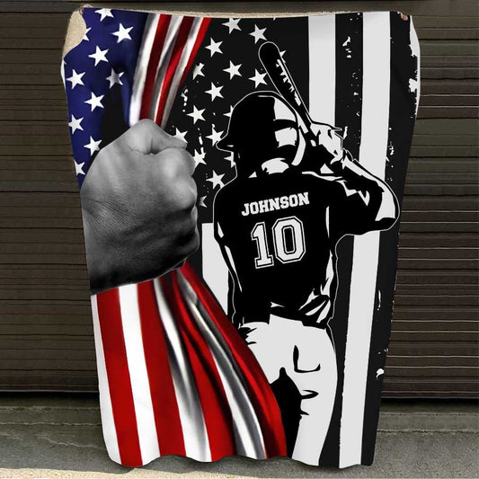 Personalized Baseball Boy American Flag Blanket for Baseball Players, Baseball Team Gift BD0069