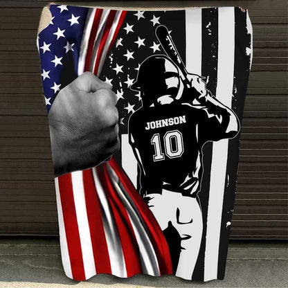 Customized Baseball Man American Flag Cross Blanket for Husband, Baseball Team Gift BD0089