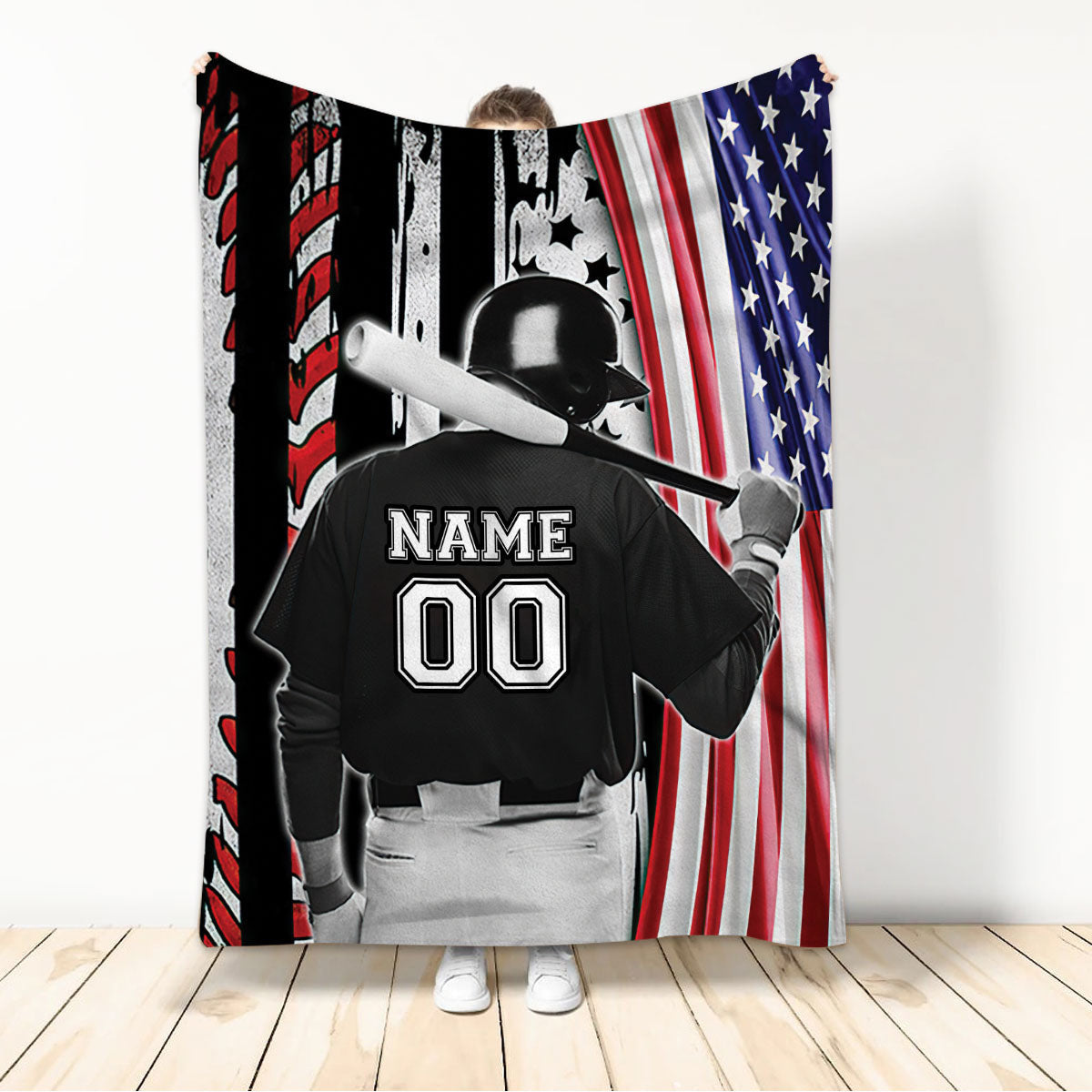 Personalized Baseball Boy American Flag Blanket for Baseball Players, Baseball Team Gift BD0069