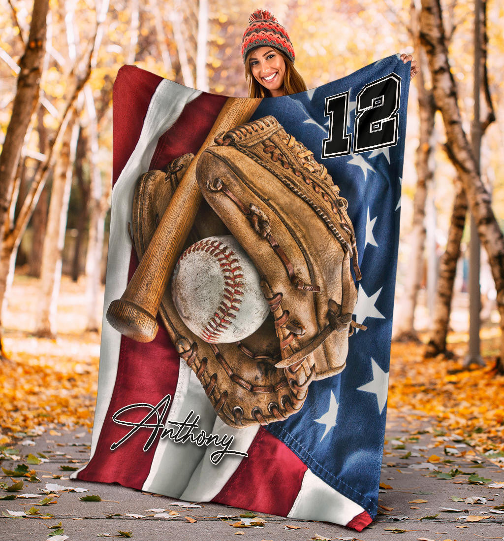 Personalized Baseball Boy American Flag Blanket for Baseball Players, Baseball Team Gift BD0069