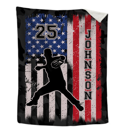 Personalized Baseball Boy American Flag Blanket for Baseball Players, Baseball Team Gift BD0069