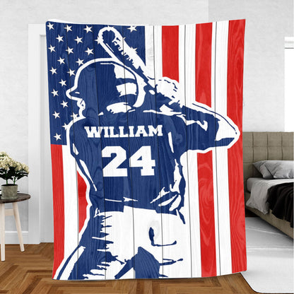 Personalized Baseball Boy American Flag Blanket for Baseball Players, Baseball Team Gift BD0069