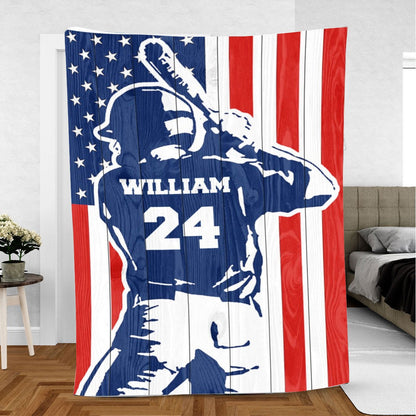 Customized Baseball Man American Flag Cross Blanket for Husband, Baseball Team Gift BD0089