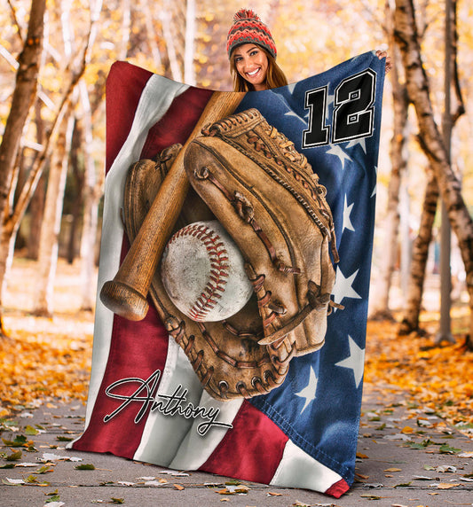 Personalized Baseball Blanket, Baseball Boy Sherpa Fleece Blanket, Custom Name Number Soft Cozy Plush Throw Blanket BD0070