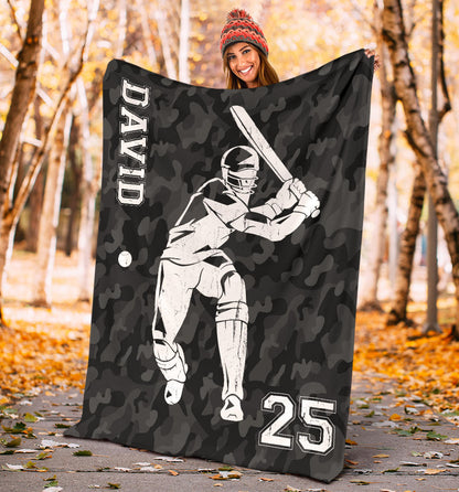 Personalized Cricket Black Camo Blanket, Custom Name Cricket Boy Player Sherpa Fleece Blanket BD0072