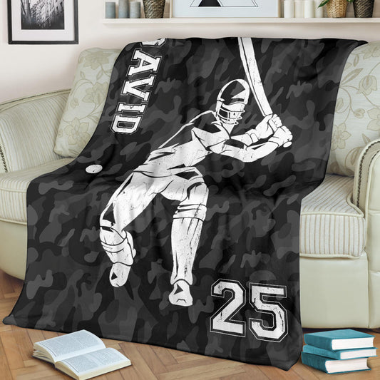 Personalized Cricket Black Camo Blanket, Custom Name Cricket Boy Player Sherpa Fleece Blanket BD0072