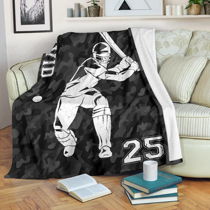 Personalized Cricket Black Camo Blanket, Custom Name Cricket Boy Player Sherpa Fleece Blanket BD0072