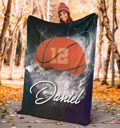 Personalized Basketball Boy Sherpa Fleece Blanket, Son Birthday Gift, Custom Name Number Soft Cozy Plush Throw Blanket BD0075