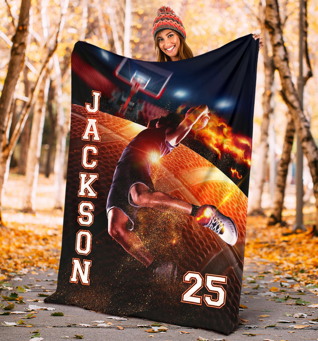 Personalized Basketball Boy Sherpa Fleece Blanket, Son Birthday Gift, Custom Name Number Soft Cozy Plush Throw Blanket BD0075