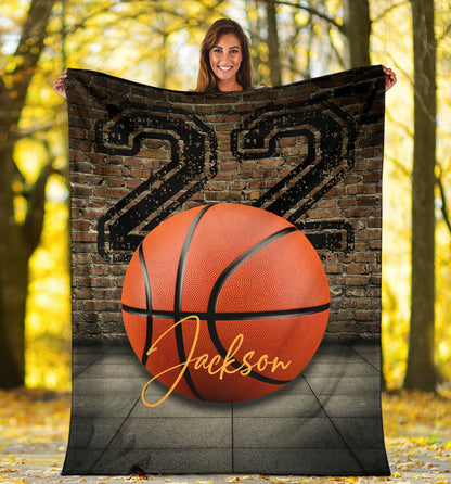 Personalized Basketball Boy Sherpa Fleece Blanket, Son Birthday Gift, Custom Name Number Soft Cozy Plush Throw Blanket BD0075