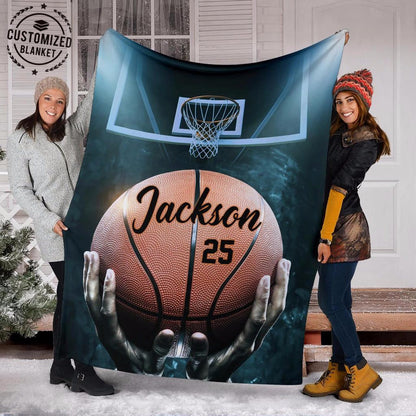 Personalized Basketball Boy Sherpa Fleece Blanket, Son Birthday Gift, Custom Name Number Soft Cozy Plush Throw Blanket BD0075