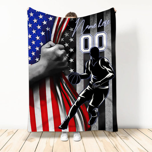 Basketball American Flag Throw Blanket Gift for Son Basketball Fleece Sherpa Blanket BD0076