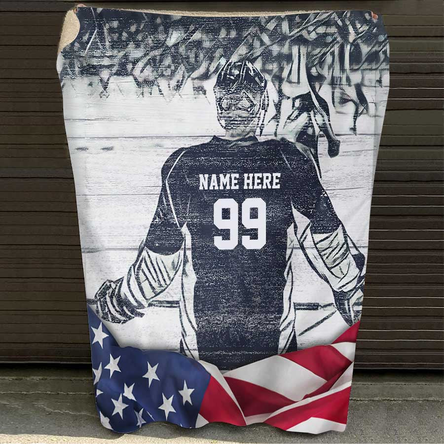 Personalized Hockey Christmas Blanket, Ice Hockey and US Flag Fleece Blanket, Hockey Team Gift for Son, Husband BD0077