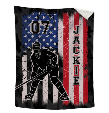 Personalized Hockey Christmas Blanket, Ice Hockey and US Flag Fleece Blanket, Hockey Team Gift for Son, Husband BD0077