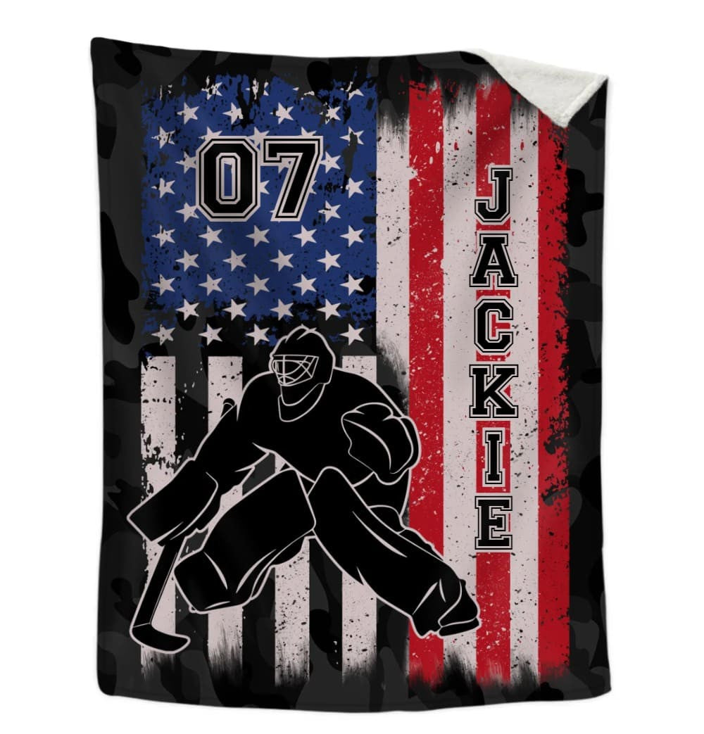 Personalized Hockey Christmas Blanket, Ice Hockey and US Flag Fleece Blanket, Hockey Team Gift for Son, Husband BD0077