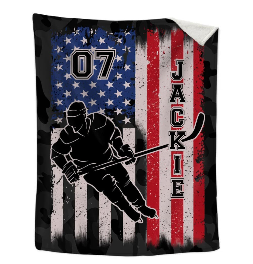 Personalized Hockey Christmas Blanket, Ice Hockey and US Flag Fleece Blanket, Hockey Team Gift for Son, Husband BD0077