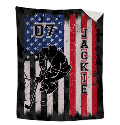 Personalized Hockey Christmas Blanket, Ice Hockey and US Flag Fleece Blanket, Hockey Team Gift for Son, Husband BD0077