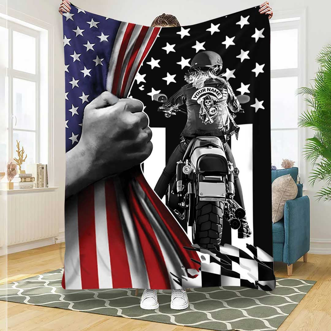 Customized Biker Man American Flag Throw Blanket for Husband Biker Lovers, Grandpa Dad Biker Blanket BD0086