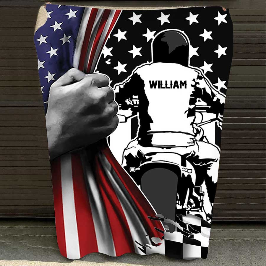 Customized Biker Man American Flag Throw Blanket for Husband Biker Lovers, Grandpa Dad Biker Blanket BD0086