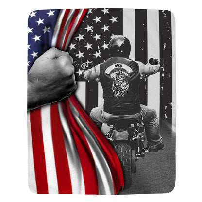 Customized Biker Man American Flag Throw Blanket for Husband Biker Lovers, Grandpa Dad Biker Blanket BD0086