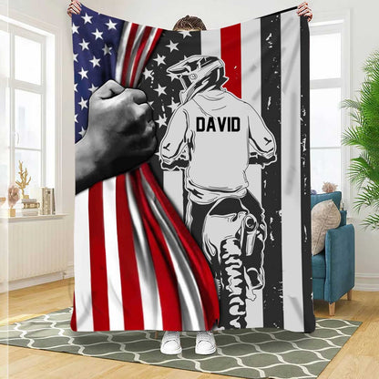 Customized Biker Man American Flag Throw Blanket for Husband Biker Lovers, Grandpa Dad Biker Blanket BD0086