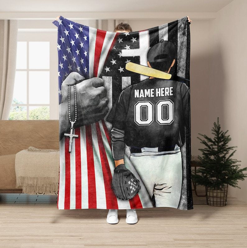 Personalized Baseball Boy American Flag Blanket for Baseball Players, Baseball Team Gift BD0069