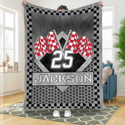 Personalized Racing Blanket, Checkered US Flag Racing Throw Blanket, Gift for Dad, Husband, Boyfriend, Son, Racer BD0056