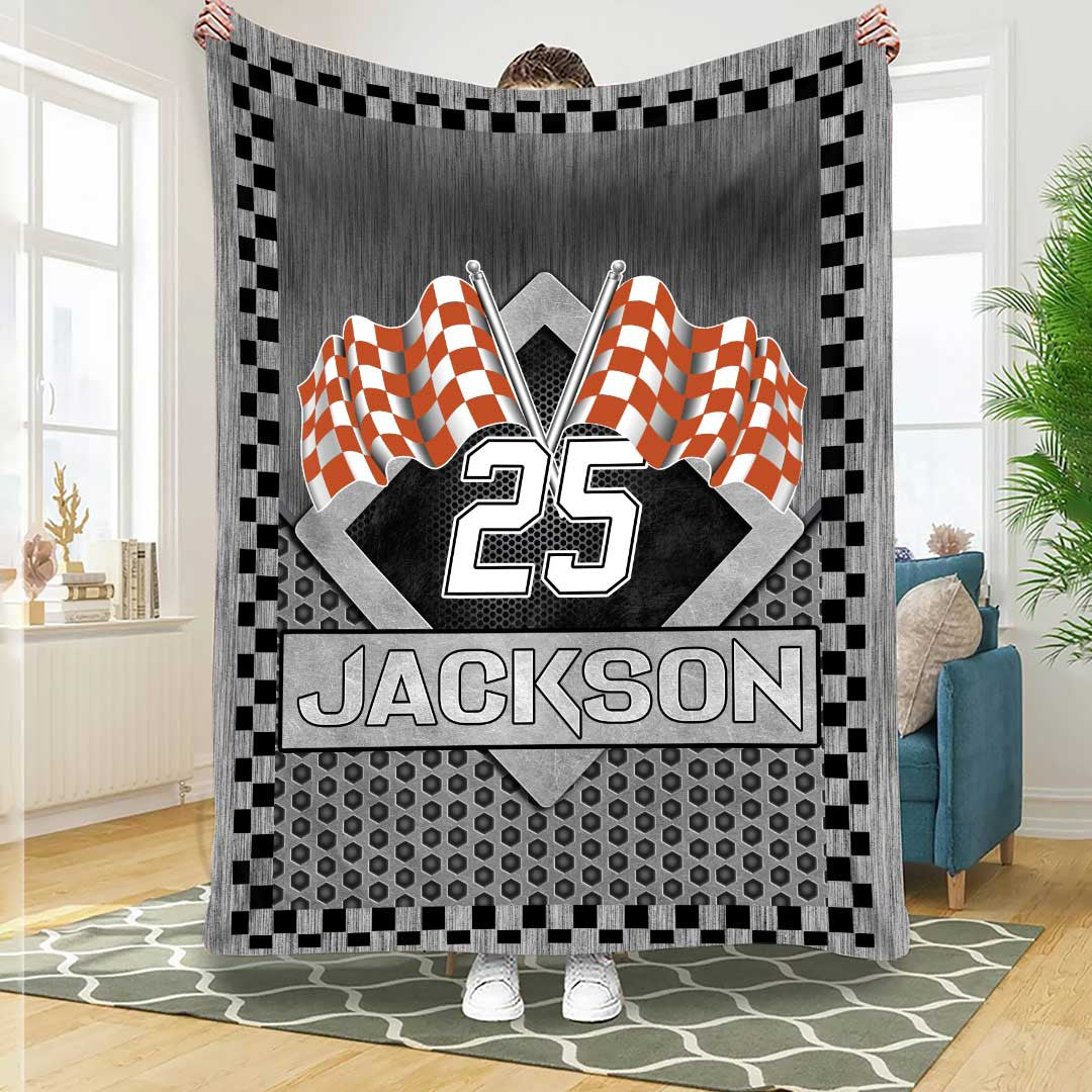 Personalized Racing Blanket, Checkered US Flag Racing Throw Blanket, Gift for Dad, Husband, Boyfriend, Son, Racer BD0056