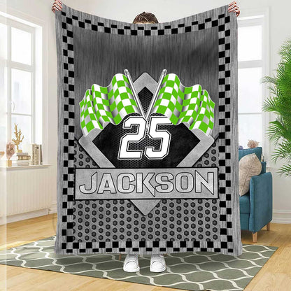 Personalized Racing Blanket, Checkered US Flag Racing Throw Blanket, Gift for Dad, Husband, Boyfriend, Son, Racer BD0056