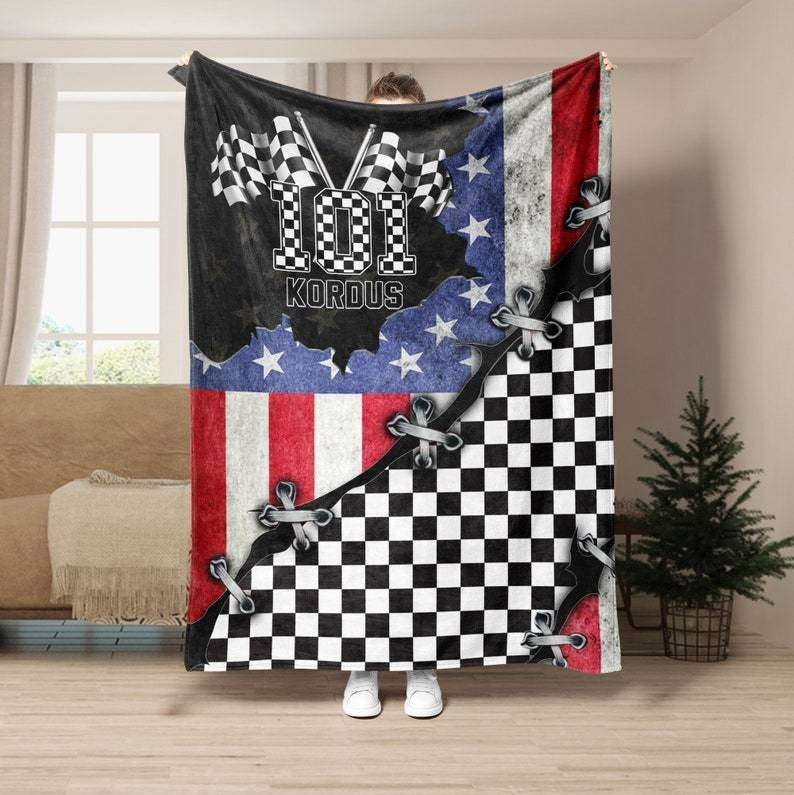 Personalized Racing Blanket, Checkered US Flag Racing Throw Blanket, Gift for Dad, Husband, Boyfriend, Son, Racer BD0056