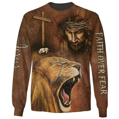 Faith Over Fear Lion And God All Over Print 3D T Shirts, God 3D Full Print Hoodie Sublimation God Shirts TO0231