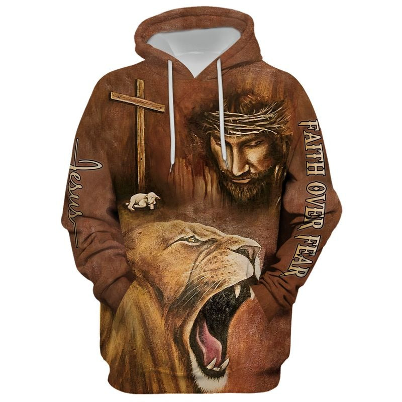 Faith Over Fear Lion And God All Over Print 3D T Shirts, God 3D Full Print Hoodie Sublimation God Shirts TO0231