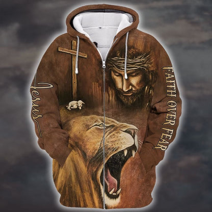 Faith Over Fear Lion And God All Over Print 3D T Shirts, God 3D Full Print Hoodie Sublimation God Shirts TO0231