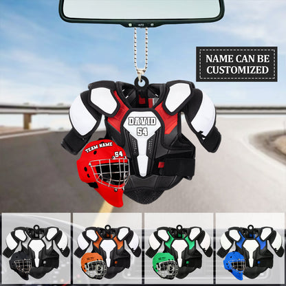 Personalized Hockey Helmet and Shoulder Pads Flat Acrylic Car Hanging Ornament, Hockey Car Ornament OO0141