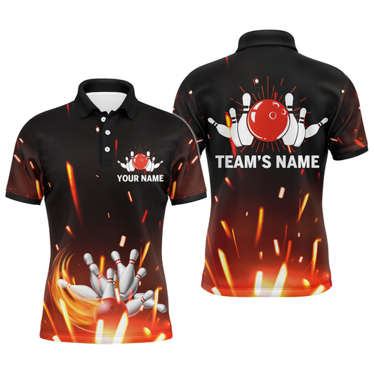 Personalized Men Bowling Polo Shirt Flame Bowling Ball and Pins Short Sleeve Polo for Team Bowlers SO0815